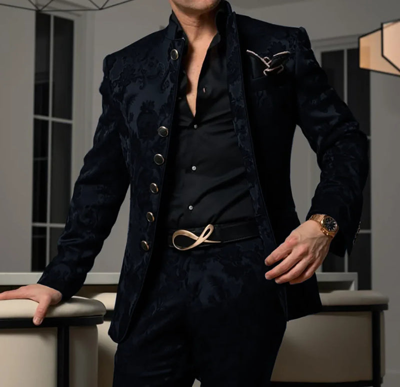 Patterned Black Men's Suit 2-piece Jacket Pants Wedding Groom Tuxedo Stand Collar Blazer Classic Jacquard Outfit