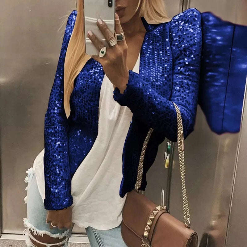 Fashionable round Neck Pure Color Sequin Jacket Short Casual Versatile Women's Spring New Arrival Outerwear Punk Style Coat