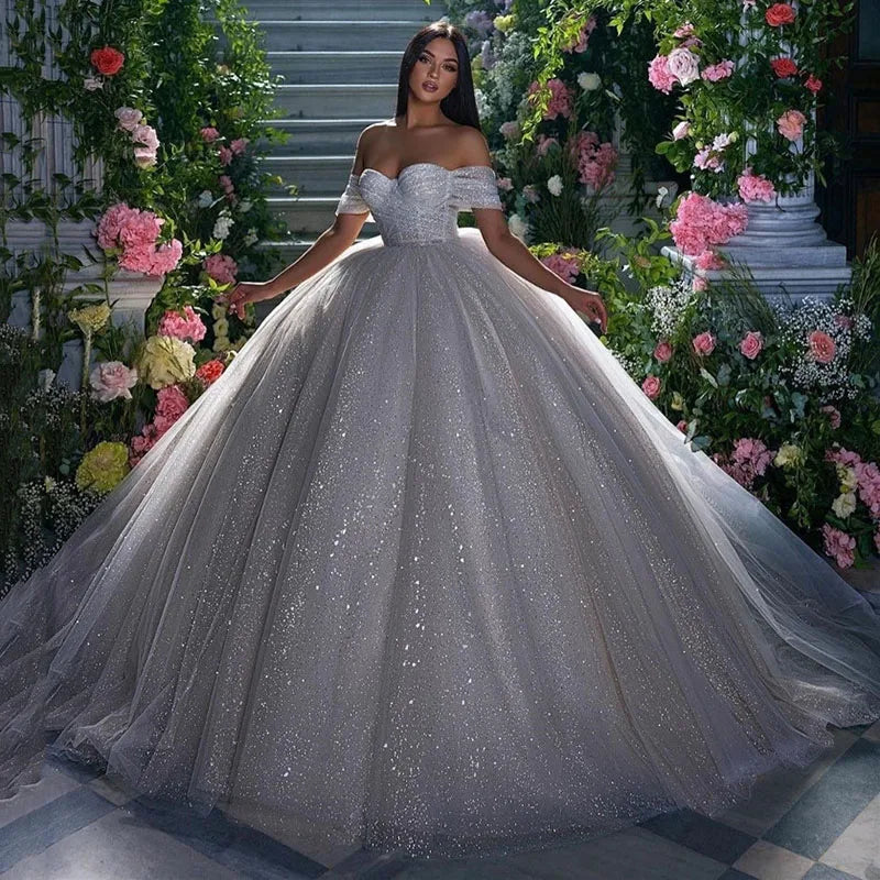 LORIE Shiny Glitter Princess Wedding Dresses A Line Off The Shoulder Bride Dress Sweetheart Neck Dubai Wedding Gowns Customized