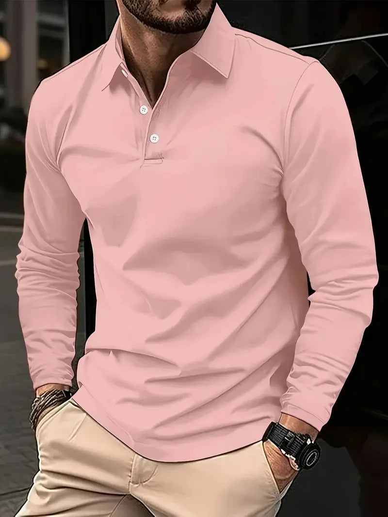 Classic men's simple solid color lapel POLO shirts Spring autumn business leisure outdoor travel friends party long sleeve tops