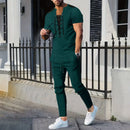 The new 2025 AliExpress Men's casual solid color Waffle rope short-sleeved summer casual pants suit