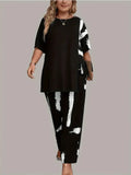 Plus Size Womens Brush Print Elegance  Short Sleeve Round Neck Split Top & Matching Pants 2 Piece Outfit Set