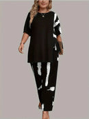 Plus Size Womens Brush Print Elegance  Short Sleeve Round Neck Split Top & Matching Pants 2 Piece Outfit Set