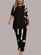 Plus Size Womens Brush Print Elegance  Short Sleeve Round Neck Split Top & Matching Pants 2 Piece Outfit Set
