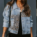 Long Sleeve Women's Denim Jacket Leopard Print Patchwork Outerwear Casual Loose Fit Fashionable And Stylish