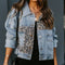 Long Sleeve Women's Denim Jacket Leopard Print Patchwork Outerwear Casual Loose Fit Fashionable And Stylish