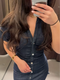 Retro Deep Blue Fold Women Denim Maxi Dress Fashion Short Sleeve V Neck Button Slim Fit Long Dresses Lady New Commute Chic Robes