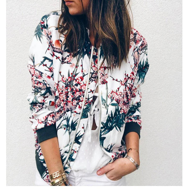Women Floral Jackets Spring Summer Long Sleeve Zipper Print Bomber Jacket Casual Pocket Slim Female Fashion Outwears