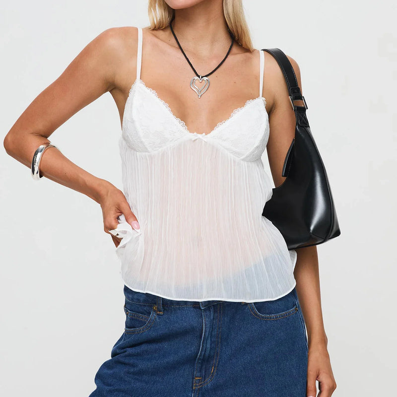 Women y2k Fairy Pleated Mesh Sheer Camisole Mini Bowknot Front Spaghetti Strap V-Neck Lace Cropped Tops Clubwear Streetwear