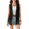 Women s Tassel Sleeveless Vest Rivet Open Front Sleeveless Long Jacket Hippie Streetwear