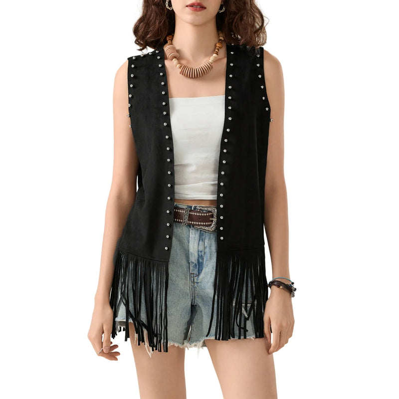 Women s Tassel Sleeveless Vest Rivet Open Front Sleeveless Long Jacket Hippie Streetwear