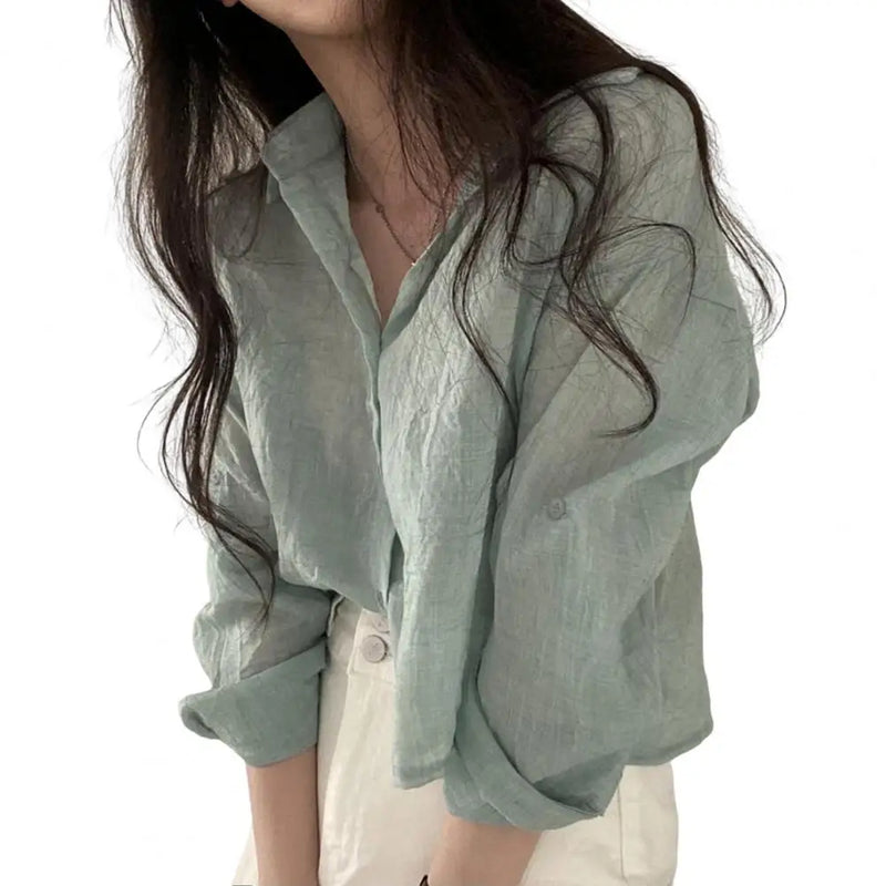 Women Shirt Turn Down Collar Cardigan Shirt Women Solid Color Sun Shirt