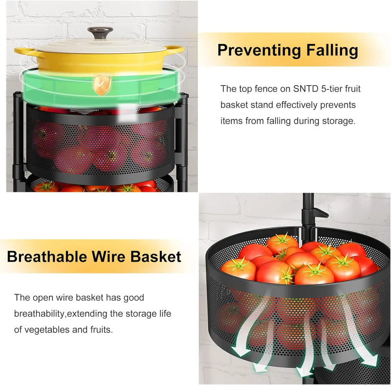 Fruit and Vegetable Basket Bowls for Kitchen with Metal Top Lid, 5 Tier Rotating Storage Rack Cart for Potato Onion Bread