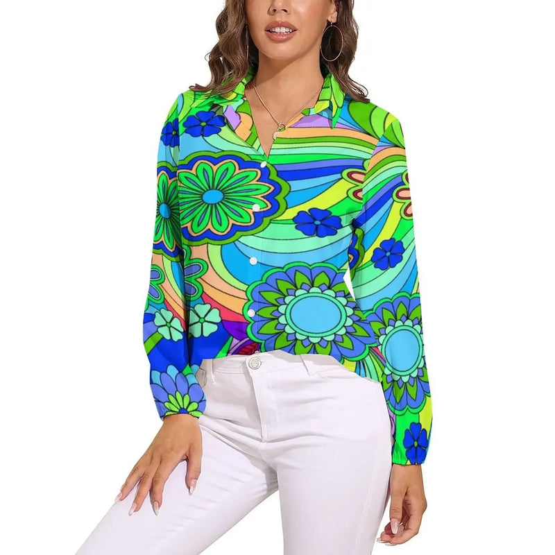 Bright Flower Power Blouse Retro Hippy Flowers Trendy Printed Blouses Female Long Sleeve Casual Shirts Spring Oversized Clothing