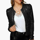 Fashionable round Neck Pure Color Sequin Jacket Short Casual Versatile Women's Spring New Arrival Outerwear Punk Style Coat