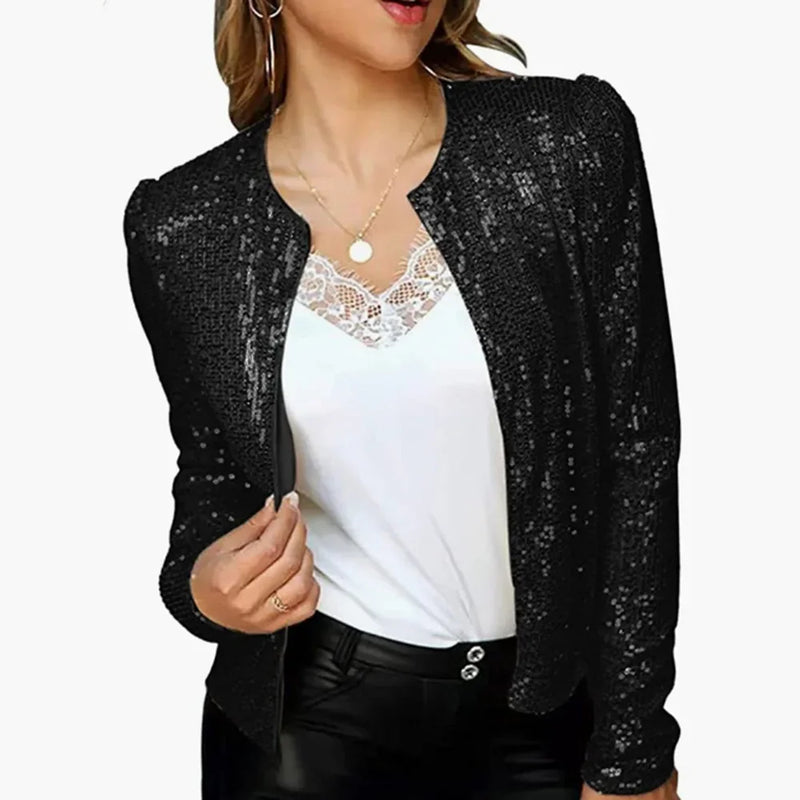 Fashionable round Neck Pure Color Sequin Jacket Short Casual Versatile Women's Spring New Arrival Outerwear Punk Style Coat