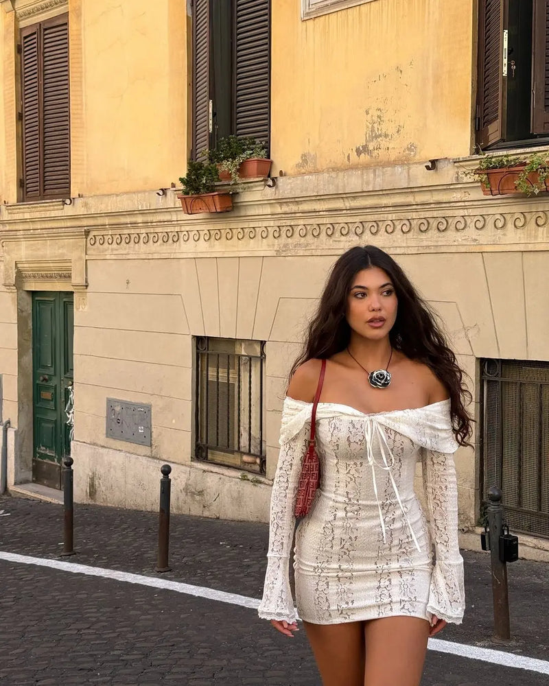 Women Elegant Off Shoulder Lace Up Ruffle Edge Dress Chic Hollow Out Puff Long Sleeves Maxi Slim Dresses Spring Lady Street Robe