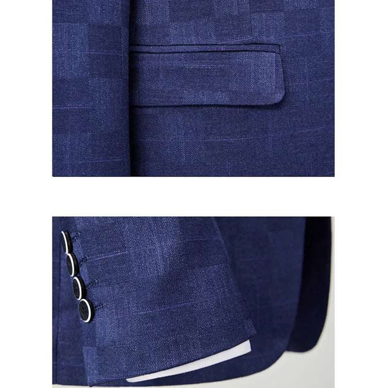 Blue Men's Plaid Blazer Jacket and Vest with Pants, Gray & Burgundy Available, Asian Size Mens Three Piece Set