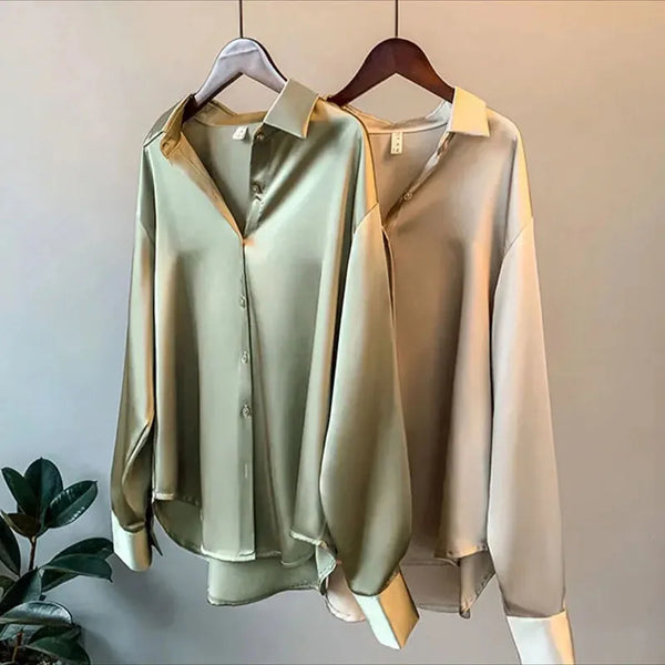 Women Autumn Shirt Vintage Satin Blouse Long Sleeve Button Down Silky Shirt Work Office Top Ladies Casual Shirt