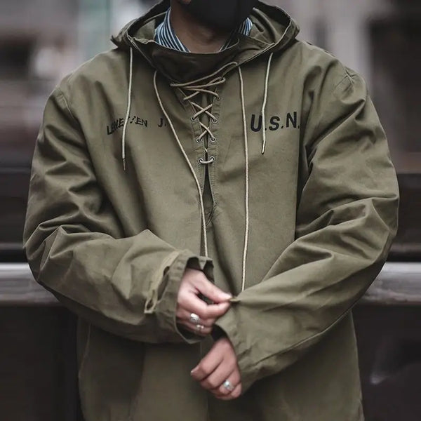Spring Autumn Retro Cargo Drawstring Workwear Army Pullover Hood New Hoddies Military Male Windbreaker War Coat Work Clothes