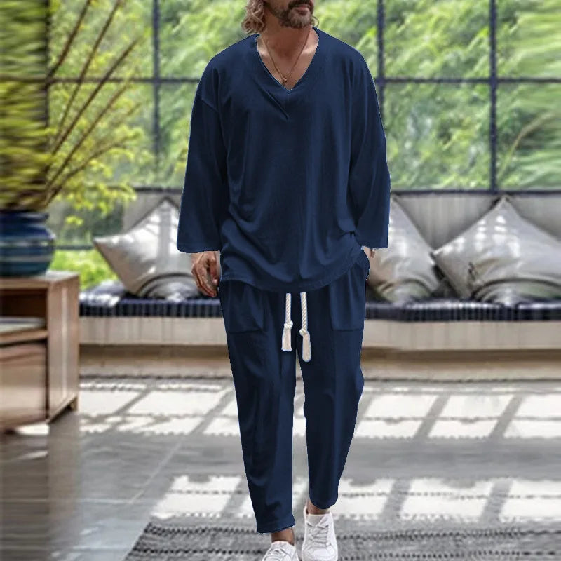 2024 Spring/Fall trend Men's Fashion V-neck shirt Casual comfortable loose high-end long sleeve pants solid color beach suit