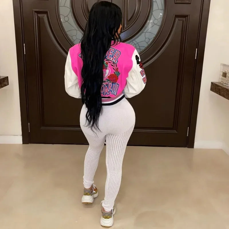 Letter Print Color Patchwork Woolen Varsity Jacket Women Long Sleeve Single Breasted Short Baseball Coat Casual Sporty Outwear