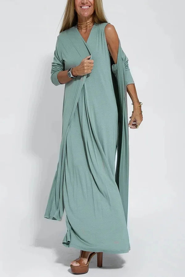 2023 New Solid Color V-Neck Pullover Dress Cardigan Jacket Women's Fashion Cross-Border Amazon Independent Site Clothing