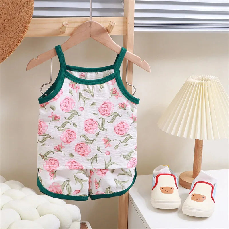 Summer Children Sling Shorts Set Fashion Flower Girls Kids Cotton Thin Breathable Pajamas Cute Cartoon Baby Toddler Home Clothes