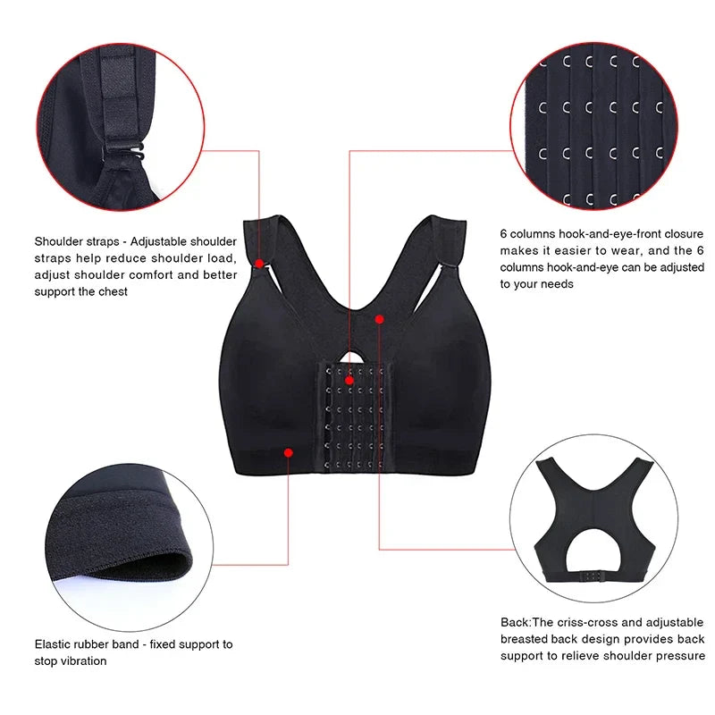 BurVogue Front Buckle Sports Bras Breathable Push Up Adjustable Wide Strap Post-Surgical Support Bra Solid Padded Stretch Vest