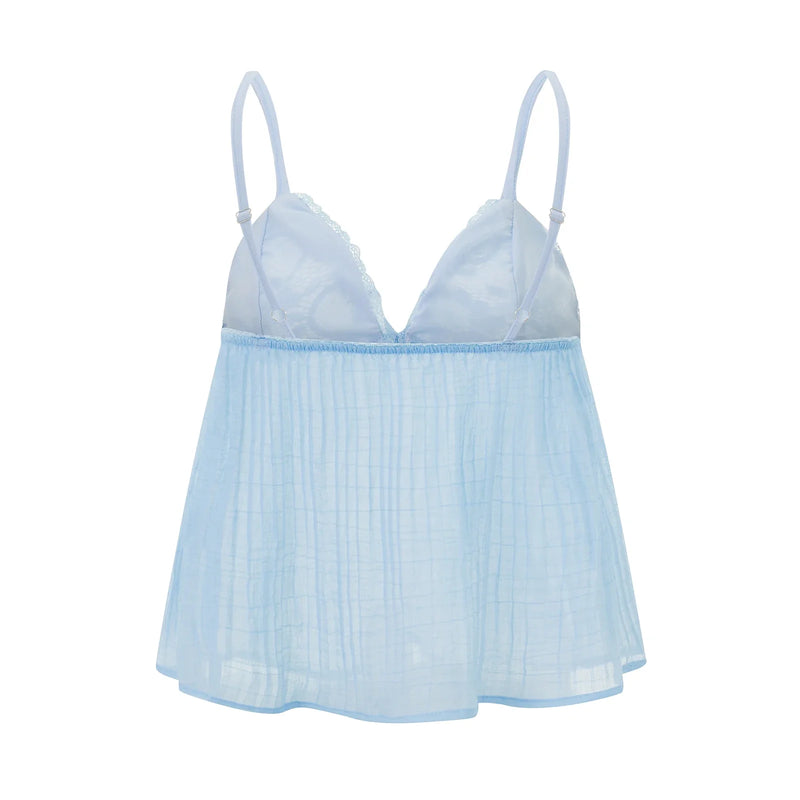 Women y2k Fairy Pleated Mesh Sheer Camisole Mini Bowknot Front Spaghetti Strap V-Neck Lace Cropped Tops Clubwear Streetwear
