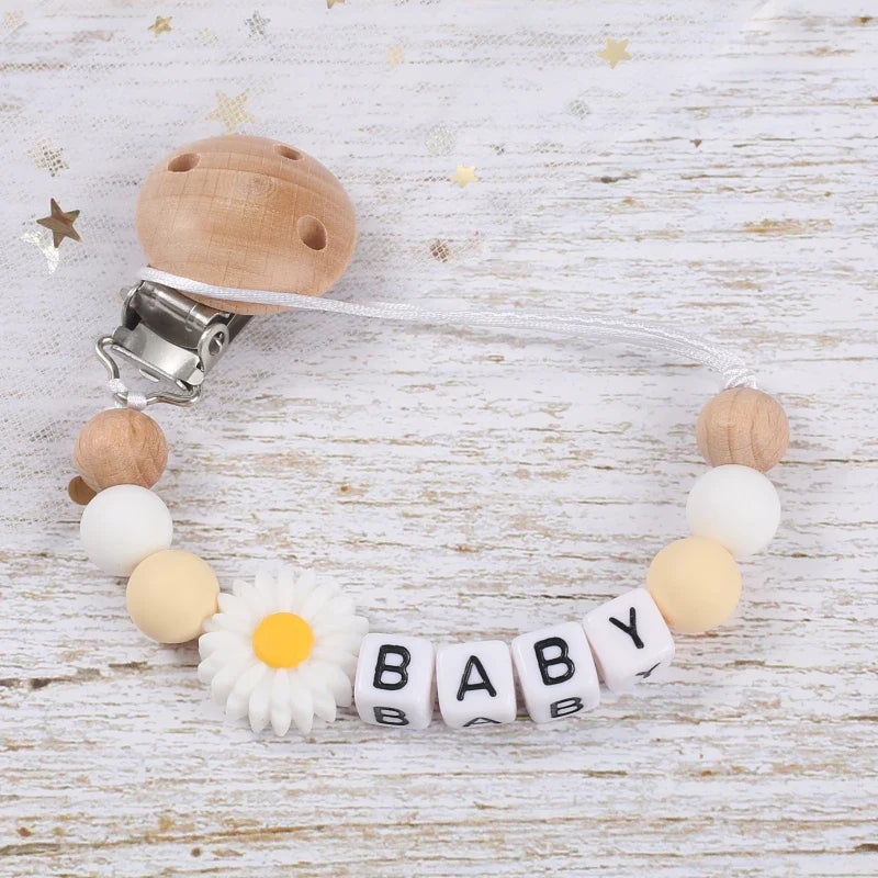 Baby Personalized Name Pacifier Chain Silicone Daisy Dummy Holder Chain For Handmade Wooden Baby Nipple Clips Nursing Chew Toys