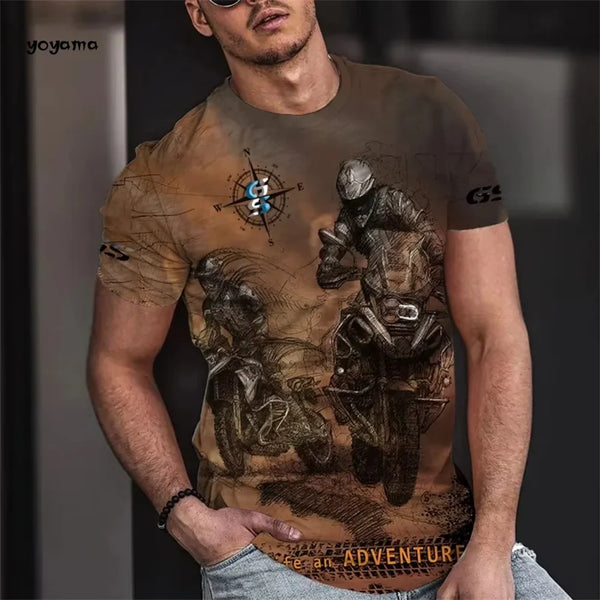 Vintage Men's T-Shirt 3D Biker Print Short-Sleeved T-Shirt Breathable Round Neck Tops Summer Men's Large Street Casual Clothing