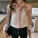 2024 Autumn Fashion Floral Print Blouse Women Satin Shirts Office Lady Elegant Tops Long Sleeve Silk Clothes 18440
