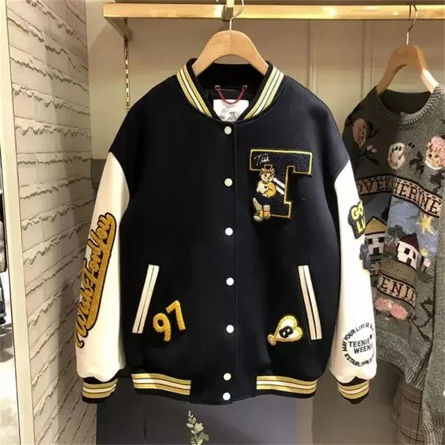 European and American Fashion Letter Embroidered Jackets Unisex Couple Contrasting Color Y2K Hip Hop Loose Leather Jackets Men