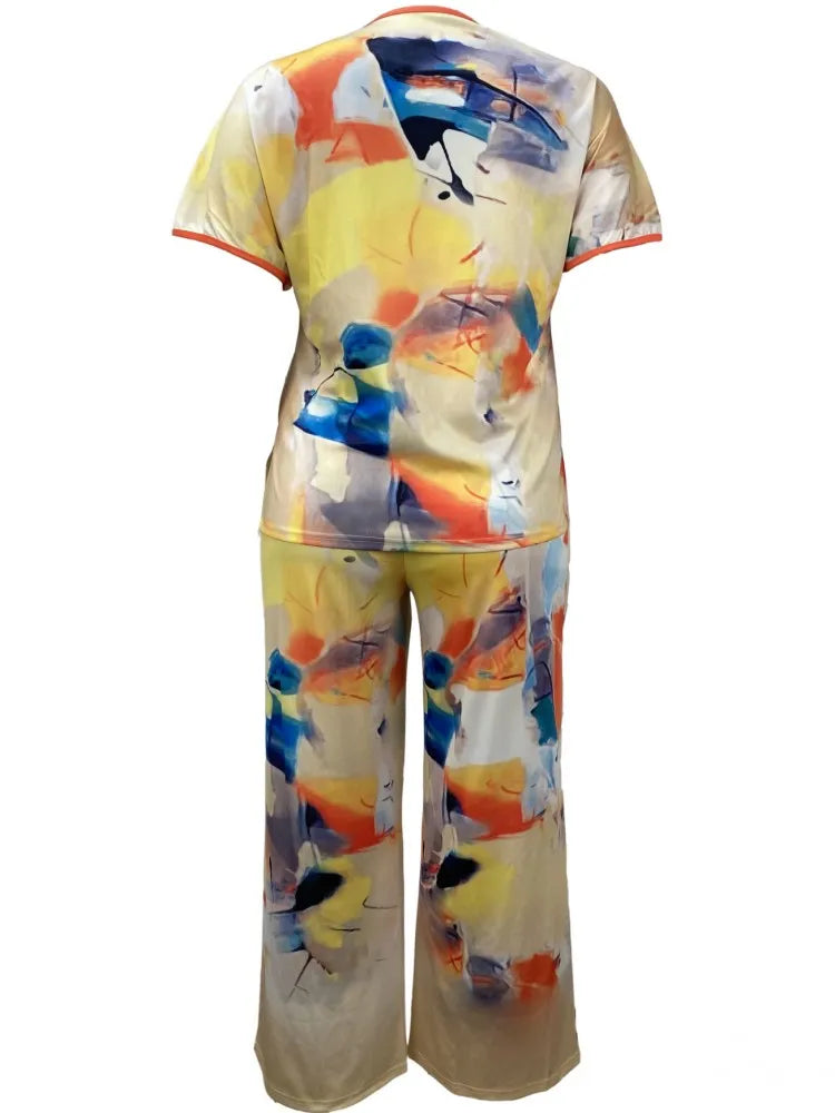 2 Piece Women Sets 2024 New Arrival Plus Size Summer Matching Sets Print Two Pieces Sets Top Pants Suits Outfits Clothing