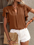Rose red Elegant Pullover Blouse 2024 Women's Summer New V-neck Casual Double Layered Ruffle Sleeves Solid Color Shirt Top