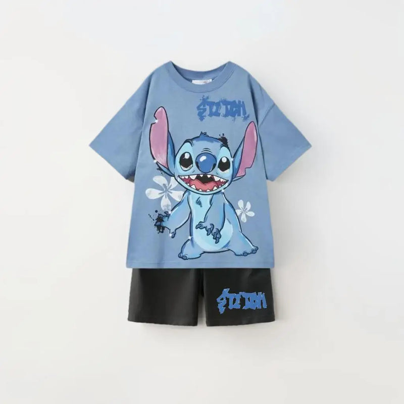 2025 Summer Kids Sets Disney Stitch Printed Tops Tee Shirts For Boys Casual Pullover Clothes Casual Two Piece Suit Child Sets