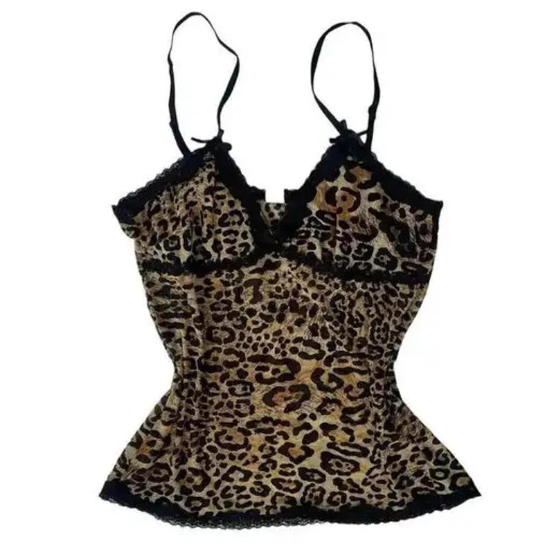 American retro punk aesthetic lace leopard print camisole top sexy slim fit chic hottie crop tops Harajuku Y2K aesthetic Clothes
