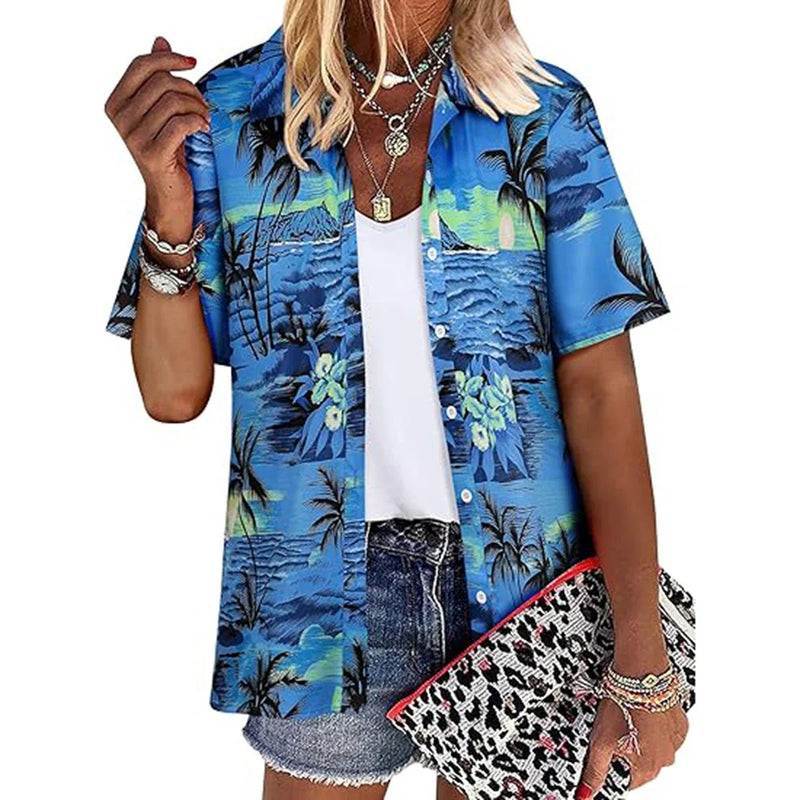 New Women's Short Sleeve T-shirts Fashionable 3d Floral Printed Casual Hawaii Style Basic Tops Lapel Short Sleeve Shirt Summer