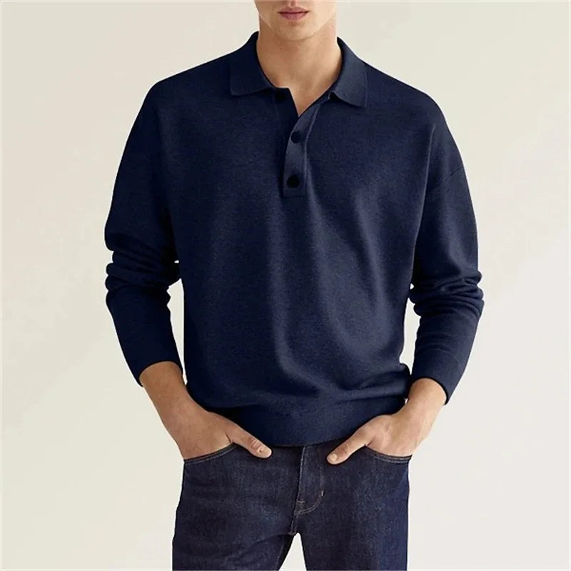 2024 Autumn leisure Home long Sleeve top Fashion Men's solid color lapel Men's POLO Shirt