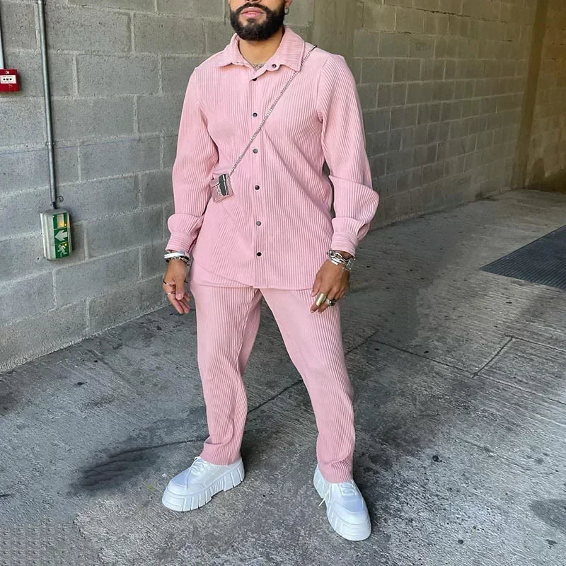 2025 Men's Casual Long Sleeve Two Piece Sets Pink Turn-down Collar Ribbed Corduroy Shirts and Pants Sets Men's 2PCS Outfits Sets