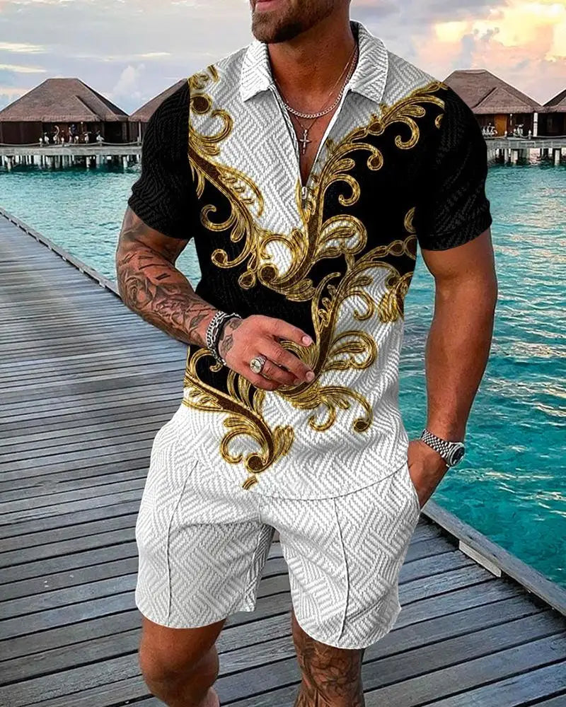 Men's Summer Tracksuit Sports Suit Men Set 3D Printed Casual Short Sleeve T Shirt Lapel Zip Polo Shirt Male Clothing Jogging