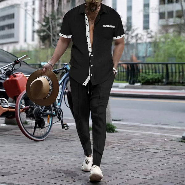Summer new men's short-sleeved long pants suit 2025 sport and casual men's style for teenagers two-piece set