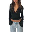 New Fashion Women's Fall Sexy Tops Slim Lace Trim Deep V Neck Bell Sleeve Crop Shirt Casual Streetwear