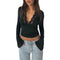 New Fashion Women's Fall Sexy Tops Slim Lace Trim Deep V Neck Bell Sleeve Crop Shirt Casual Streetwear