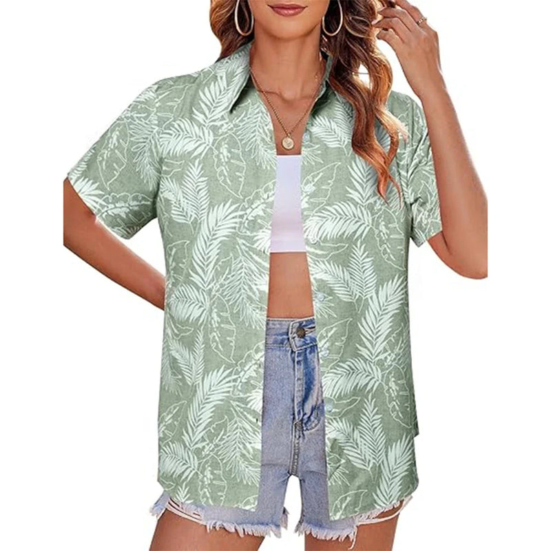 New Women's Short Sleeve T-shirts Fashionable 3d Floral Printed Casual Hawaii Style Basic Tops Lapel Short Sleeve Shirt Summer
