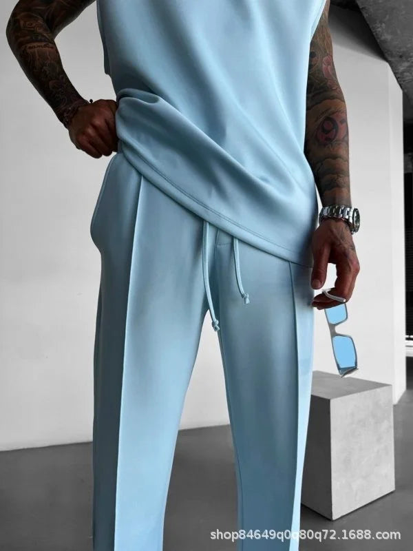 2025 Men's casual sleeveless crewneck suit, summer fashion all-match wide-leg pants trend sports street T-shirt two-piece set