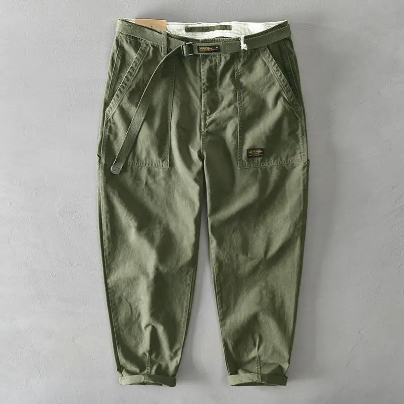 2025 New Spring Autumn Men Pure Cotton Men Cargo Pants Korean Style Male Casual Loose Belt Mid Waist Man Trouser Plus Size 4XL