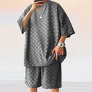 Men's Sports Suit Summer New Korean High Street Jacquard Plaid T-shirt Shorts Two-piece Set Male Casual Retro Loose O-neck Top