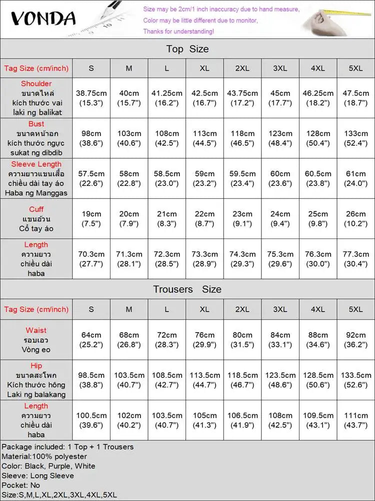 Plus Size VONDA Women Autumn High Neck Suits Solid Color Long Sleeve Matching Sets Elegant Split And Wide Leg Long Trousers 2PCs